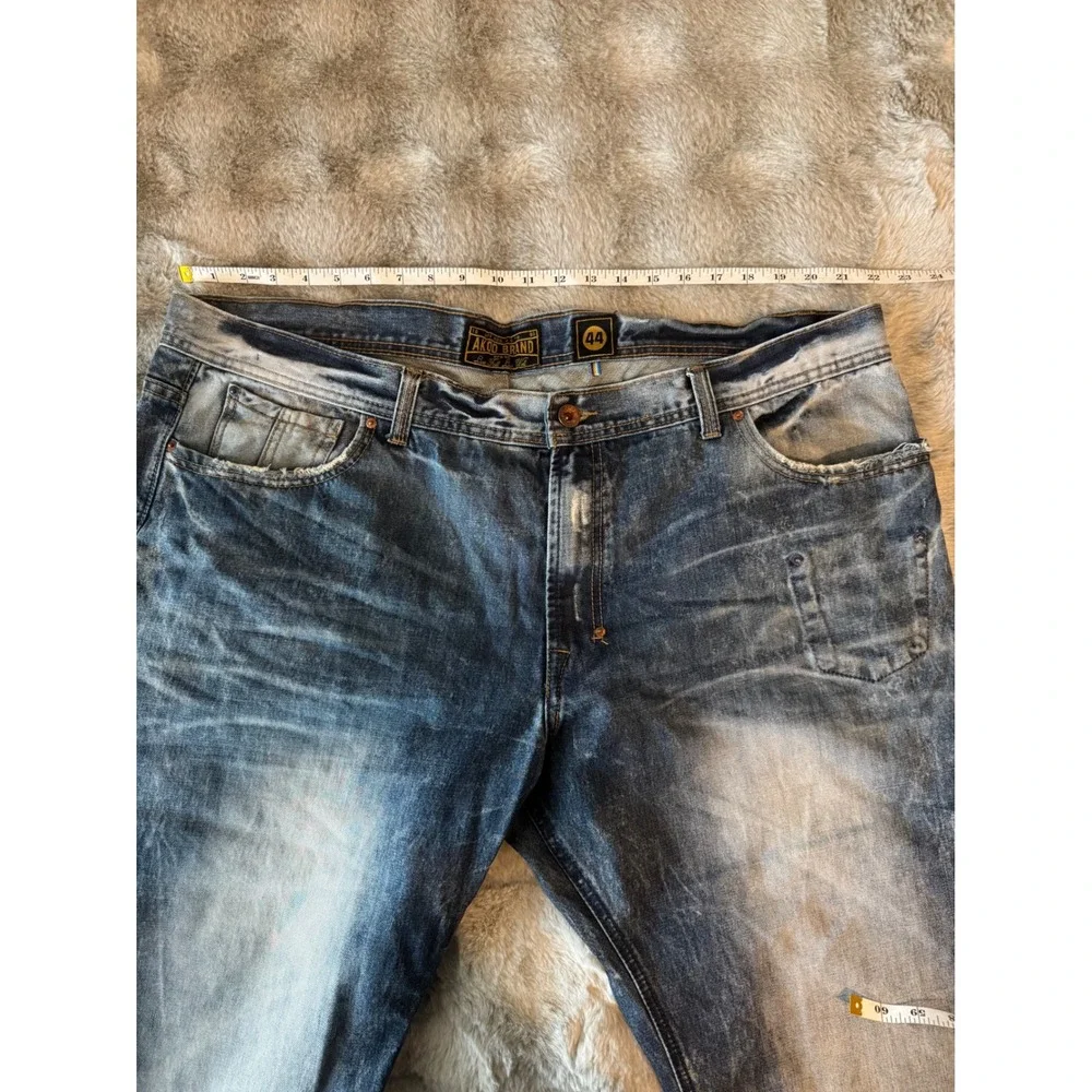 AKOO Mens Distressed Blue Wash Straight Leg Jeans Size 44 American Flag-0590
